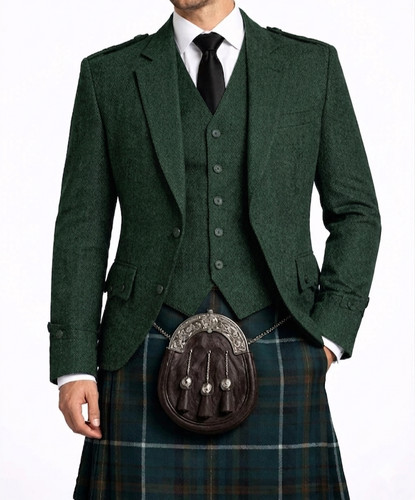 Men green wool argyle kilt - green,